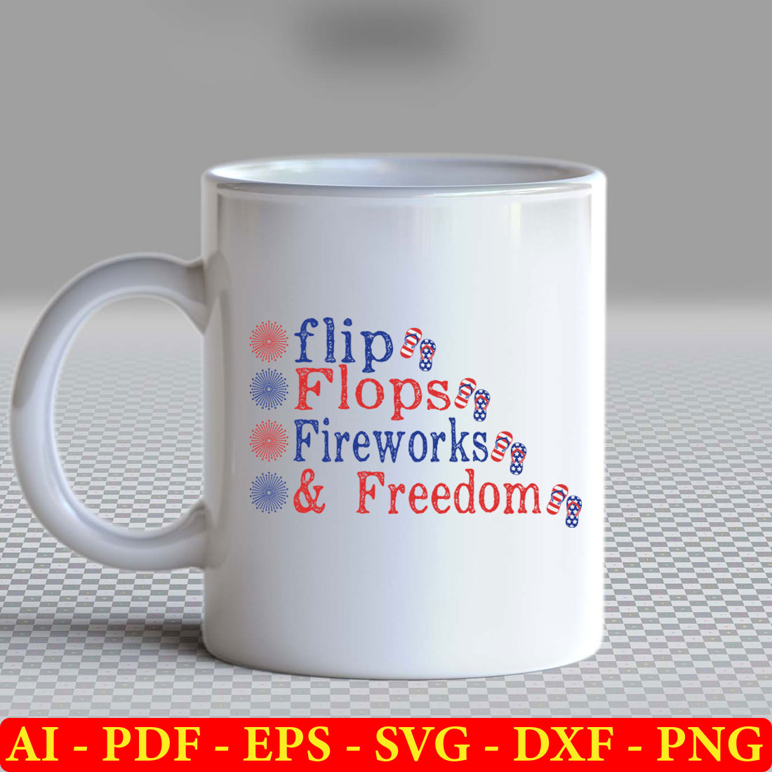 White coffee mug with the words flip flops fireworks and freedom on it.