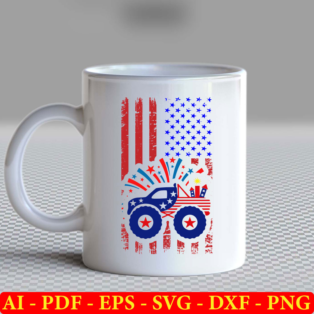 White coffee mug with an american flag and a tractor.