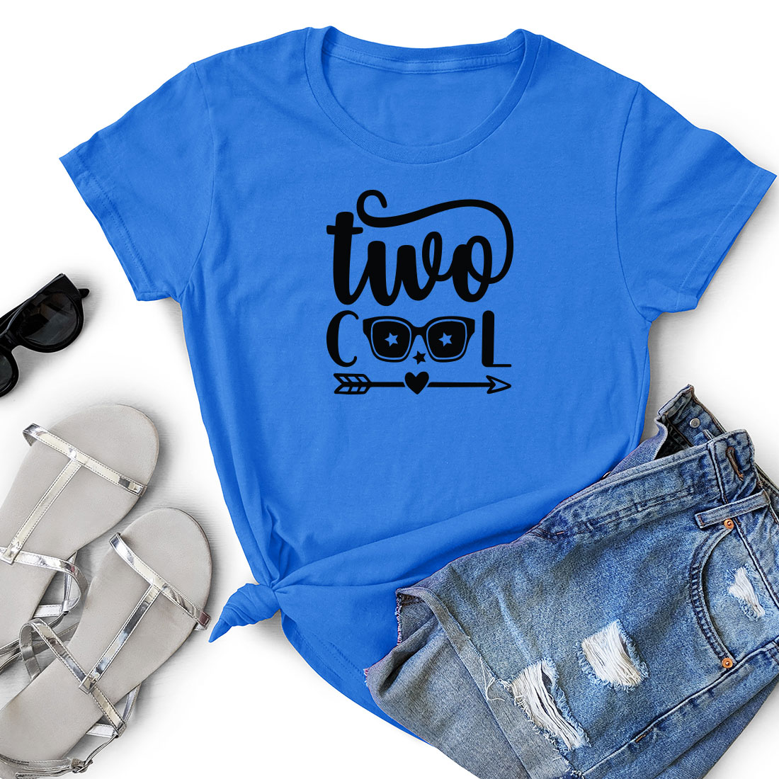 T - shirt that says two o'clock with sunglasses and a pair of.