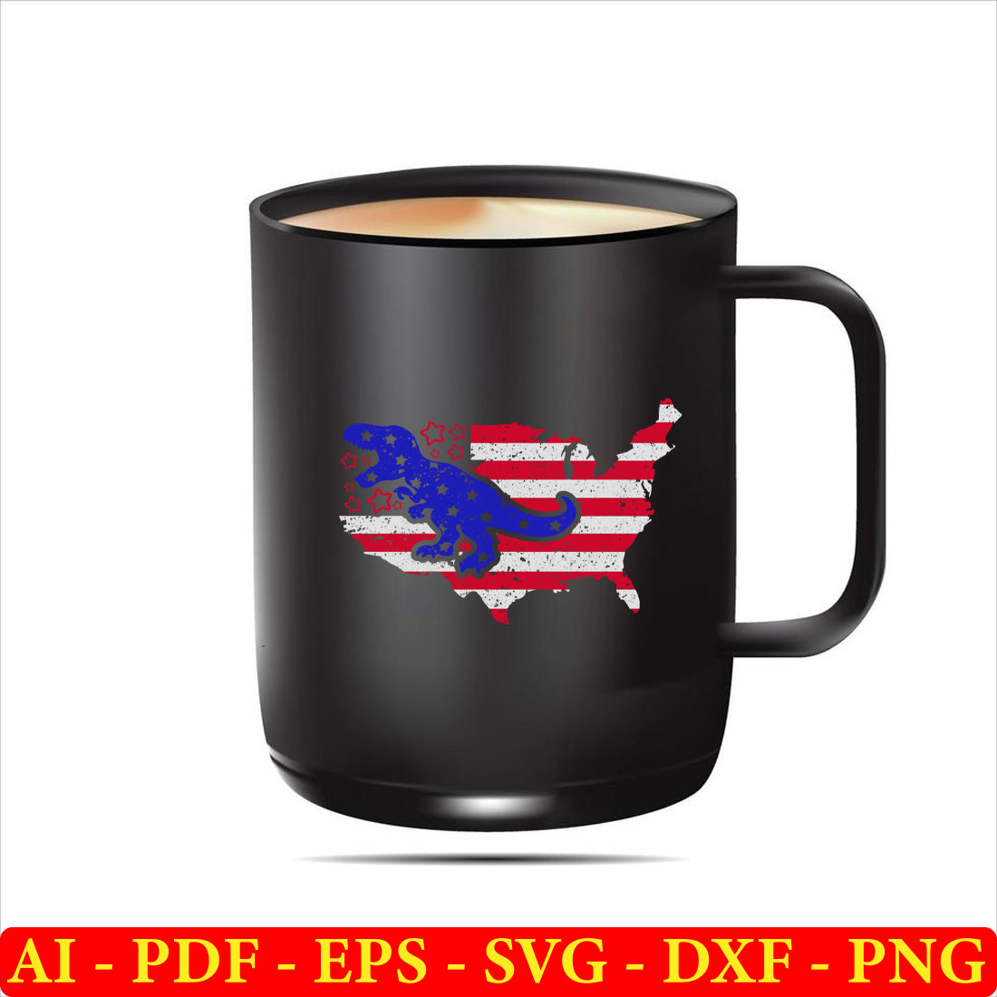 Black coffee mug with the american flag and a blue dog on it.
