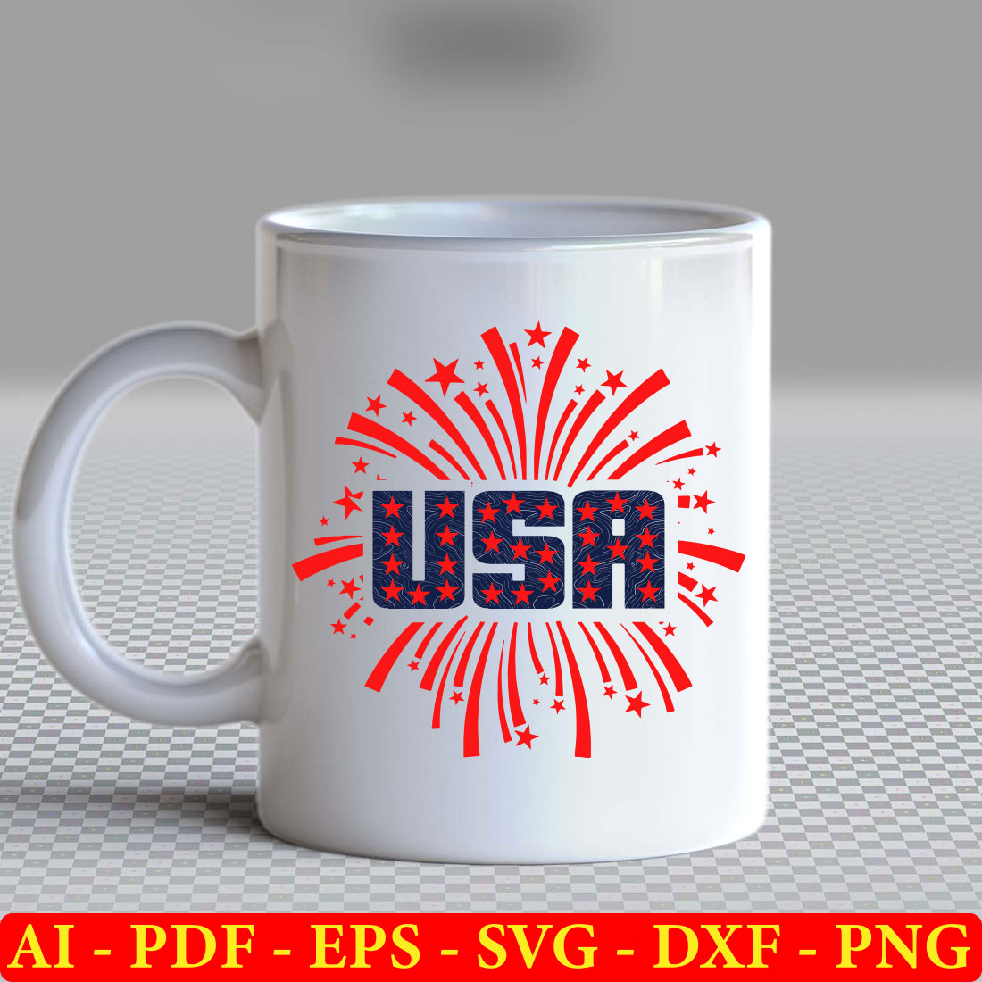 White coffee mug with the word usa printed on it.