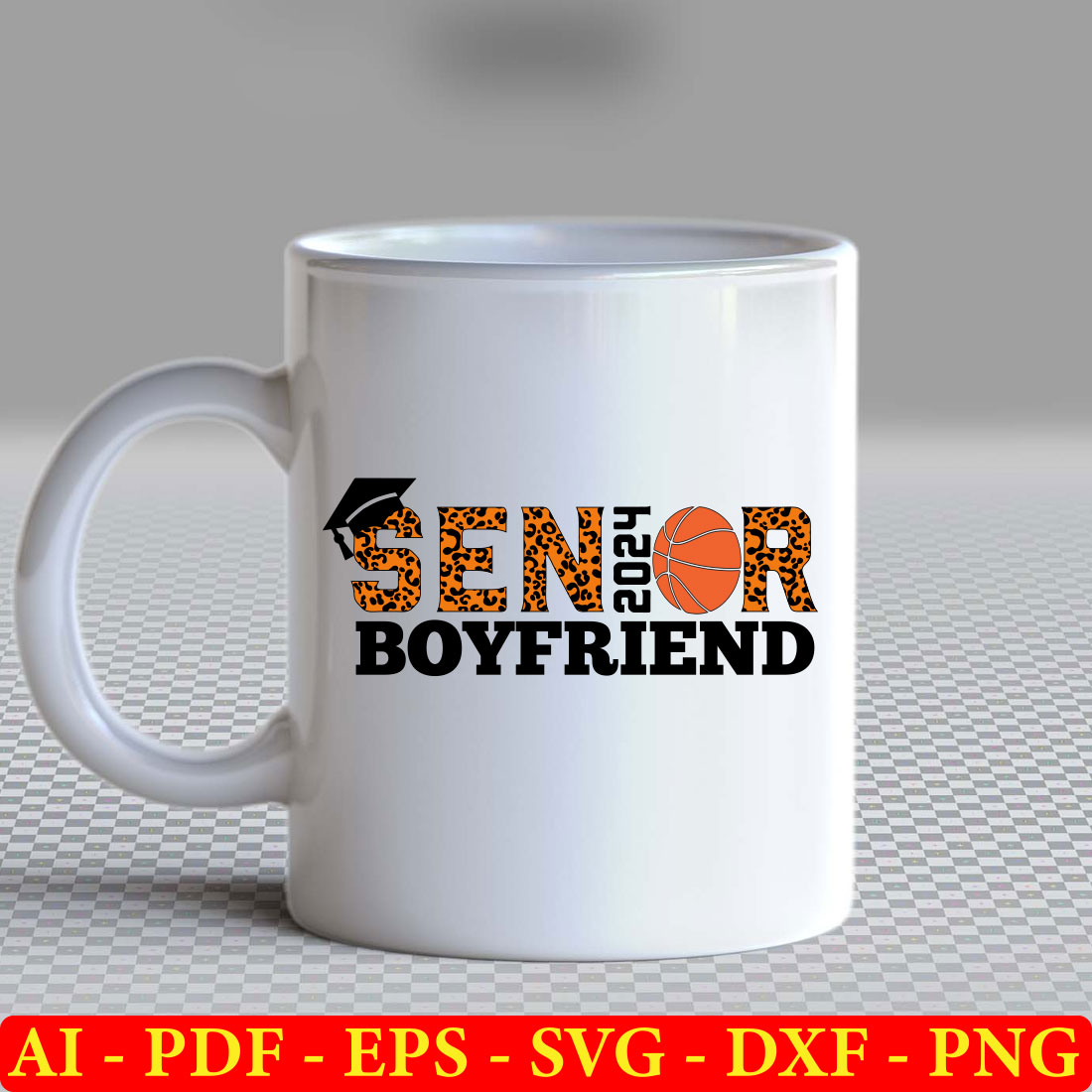 White coffee mug with the words senior boyfriend boyfriend.