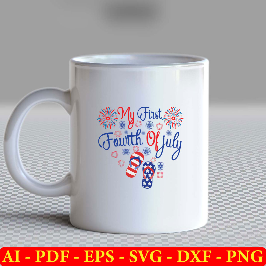 White coffee mug with the words my first fourth of july printed on it.