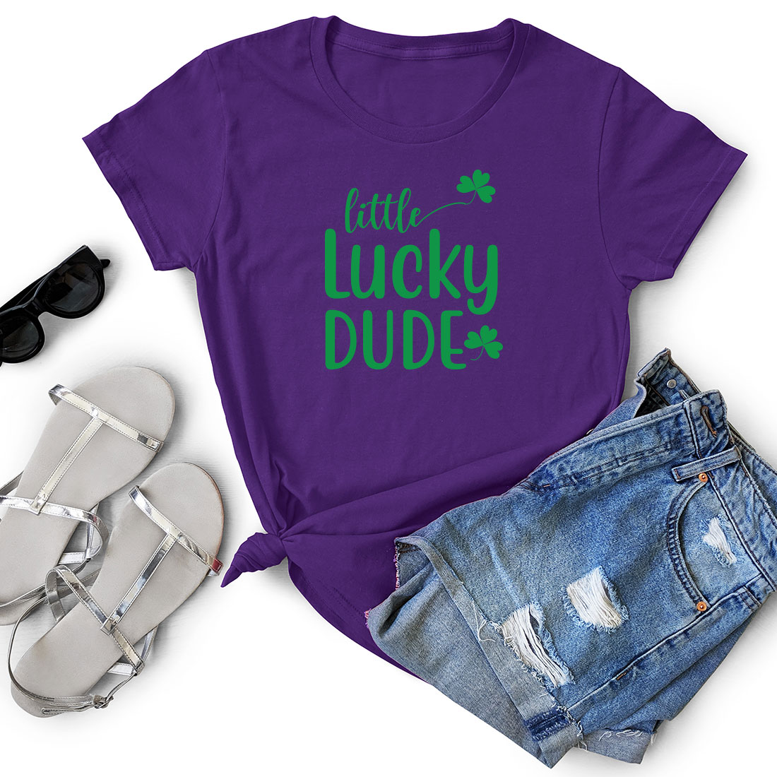 Purple shirt with the words lucky dude on it.