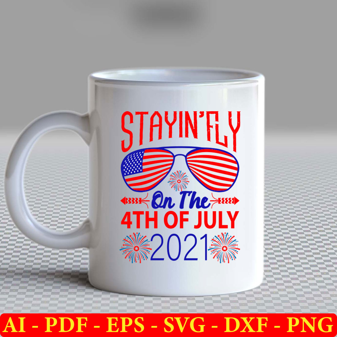 White coffee mug with the words stayin'fly on the 4th of july.