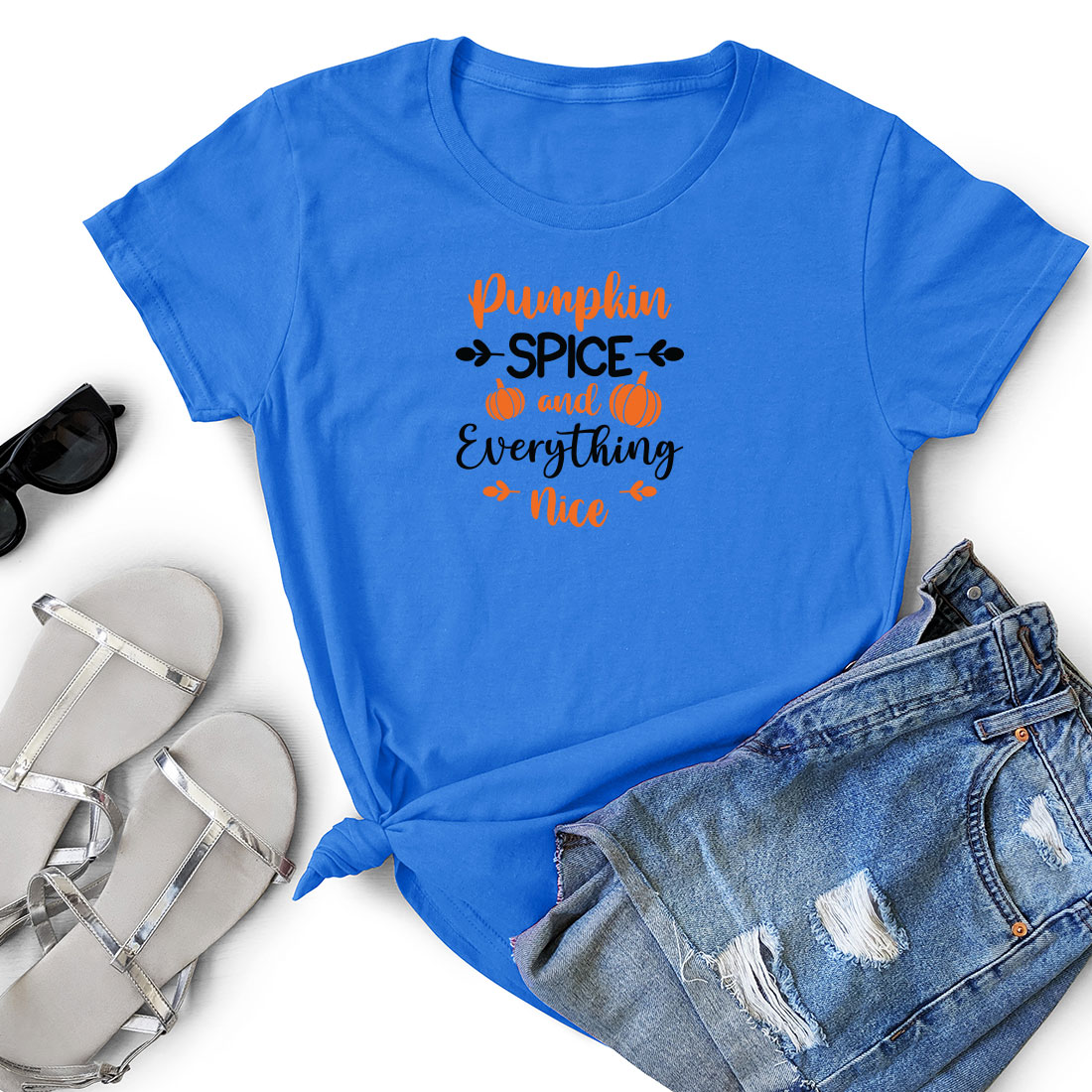 Blue t - shirt with the words pumpkin spice everything on it.