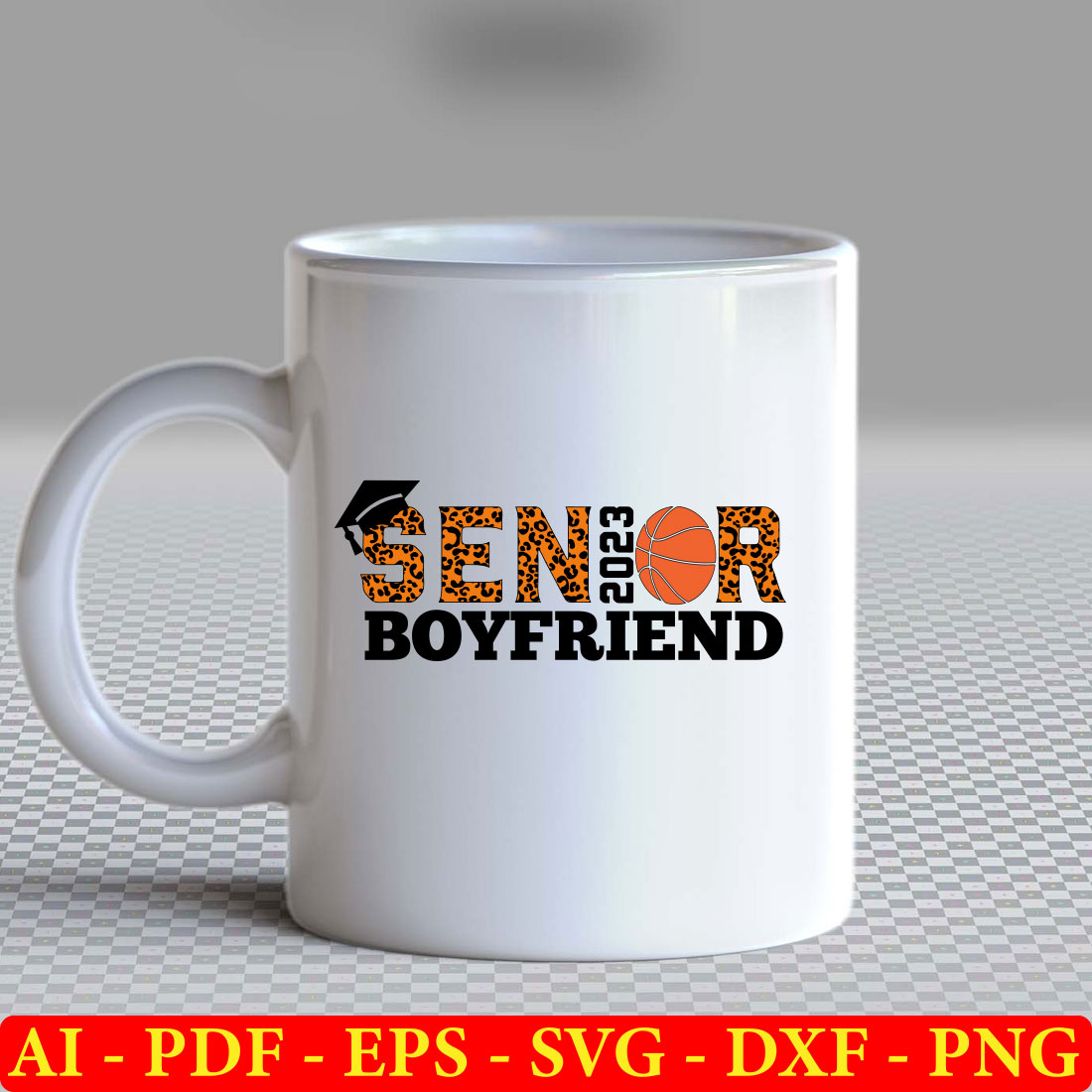 White coffee mug with the words senior boyfriend on it.