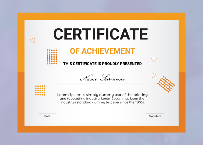 Certificate of achievement with an orange border.