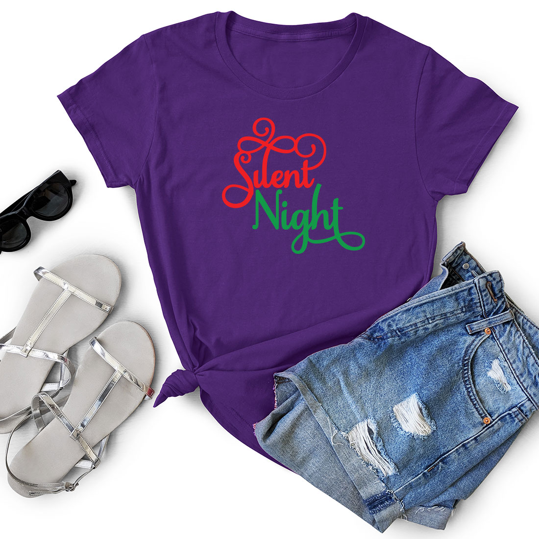 T - shirt that says silent night next to a pair of shorts.