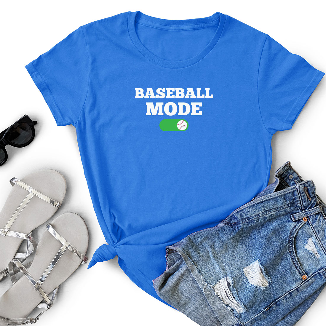 T - shirt that says baseball mode next to a pair of shorts.