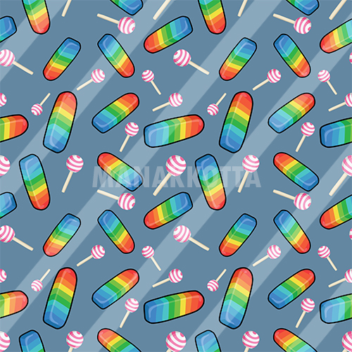 Pattern of rainbow lollipops on a blue background.