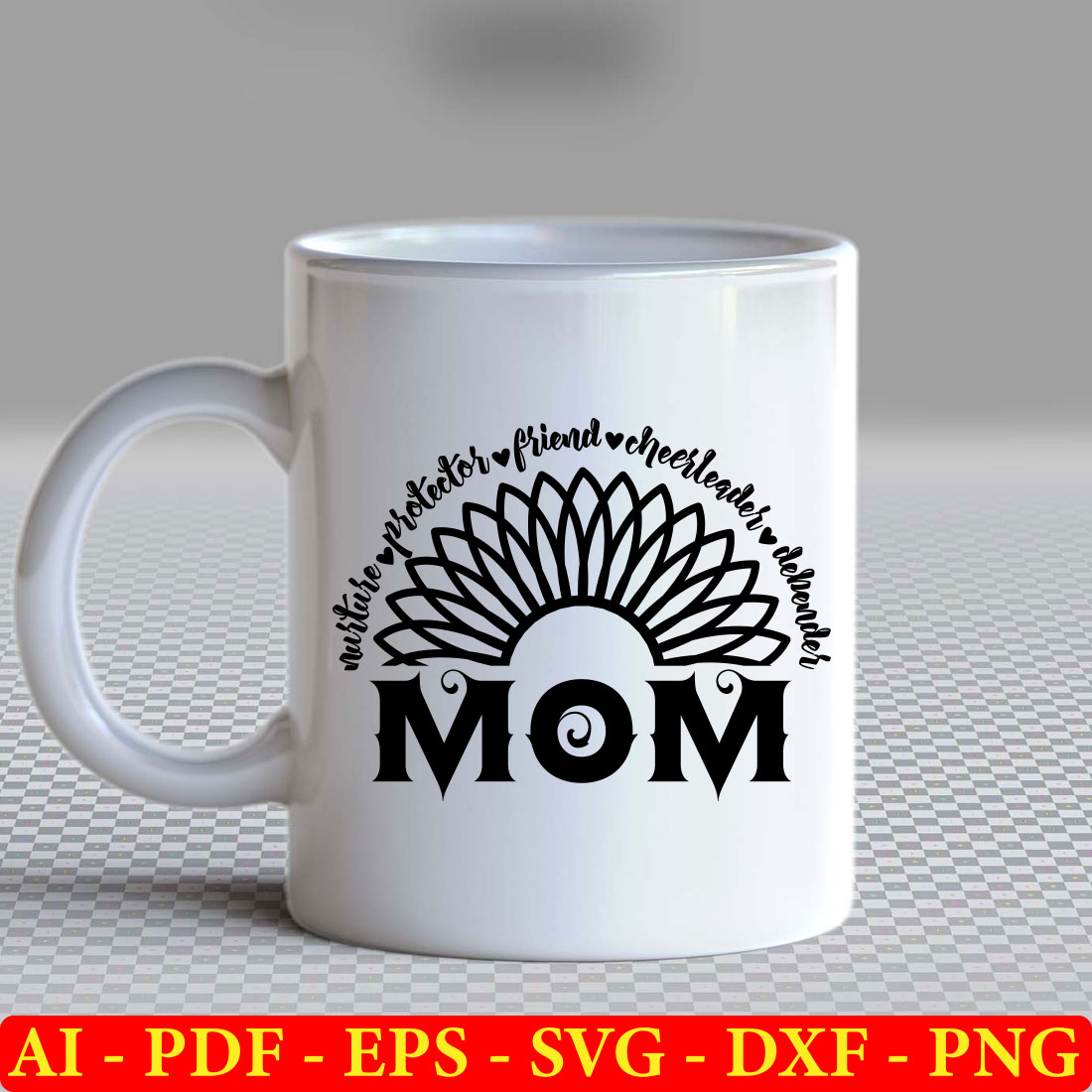 White coffee mug with the words mom printed on it.