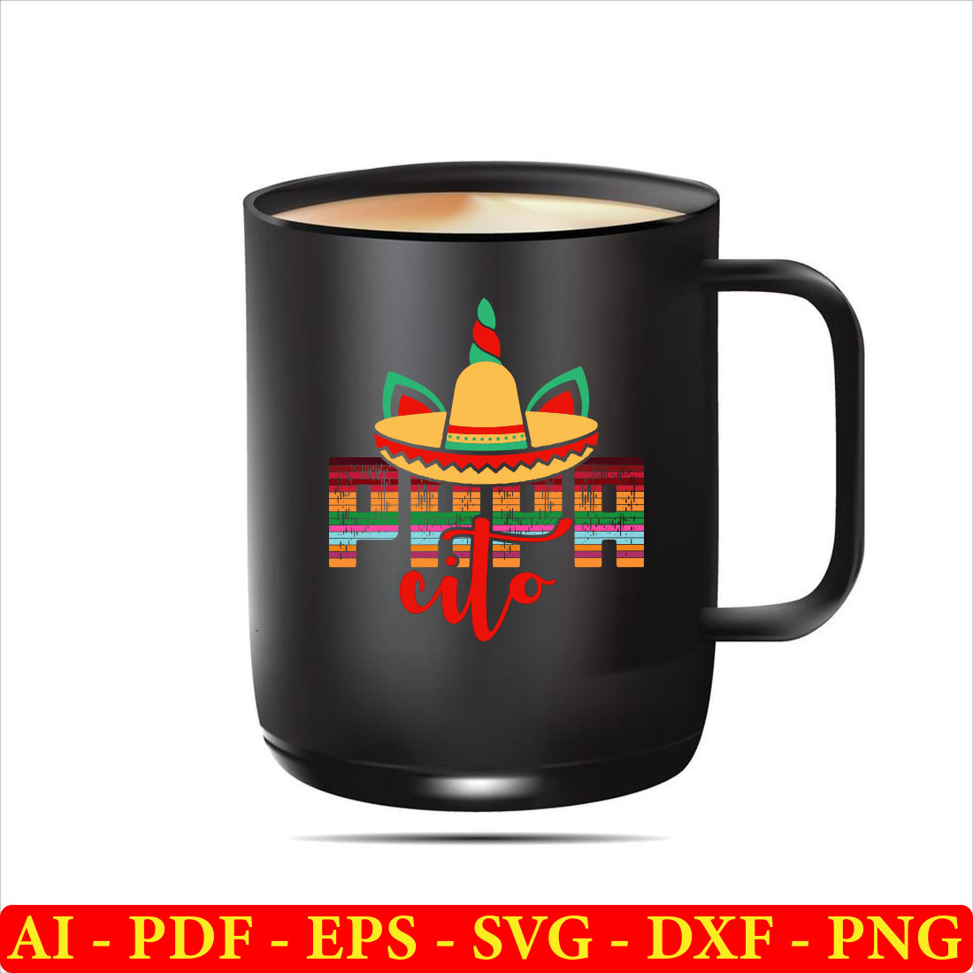 Black coffee mug with a mexican hat on it.