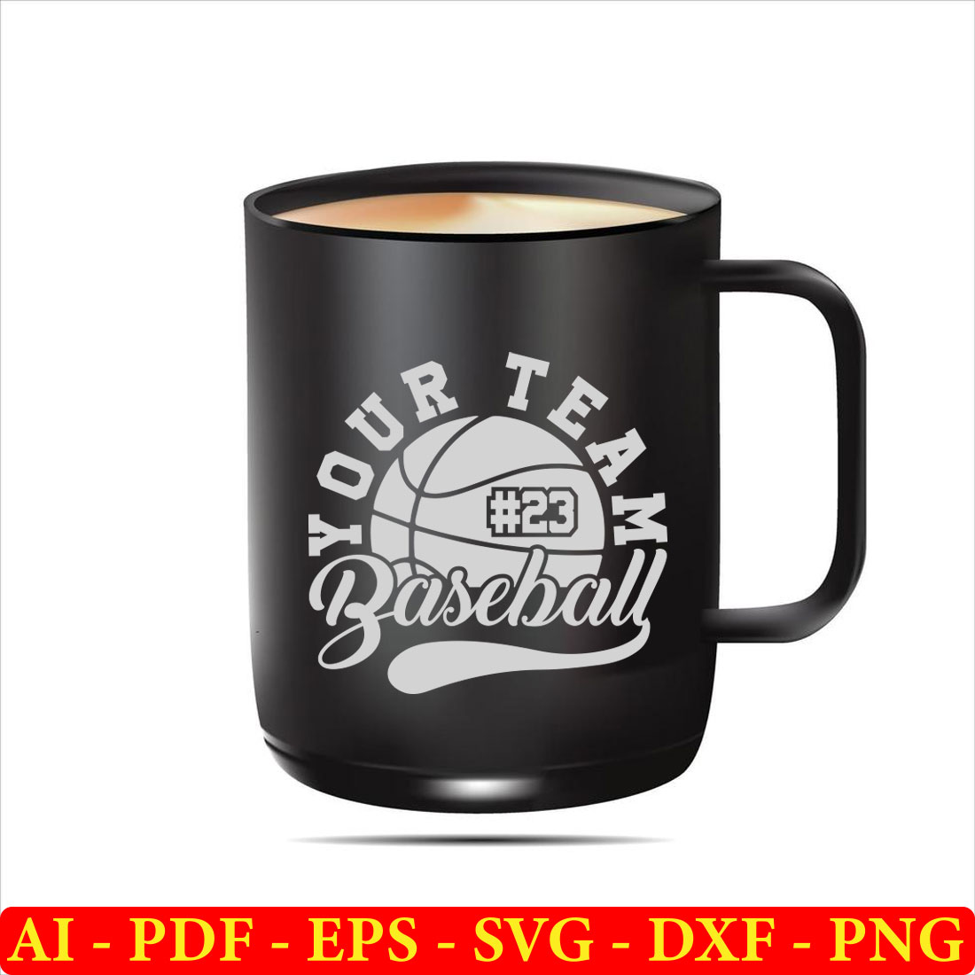 Black coffee mug with the words your team baseball on it.