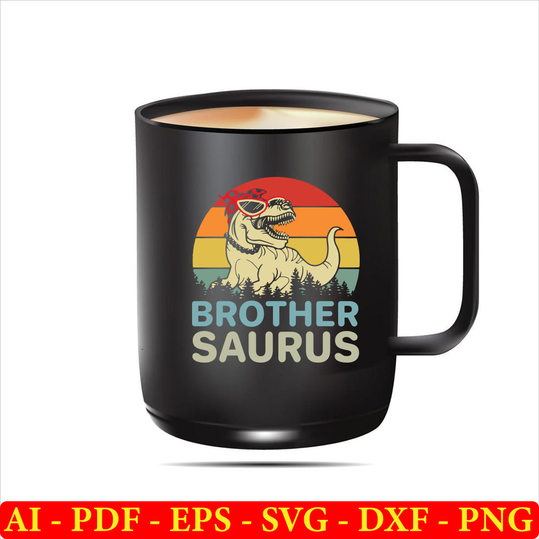 Black coffee mug with a picture of a dinosaur on it.