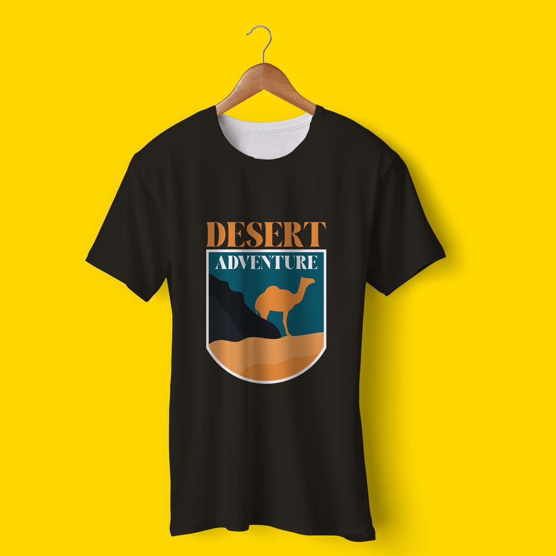 Black t - shirt with a desert adventure design on it.