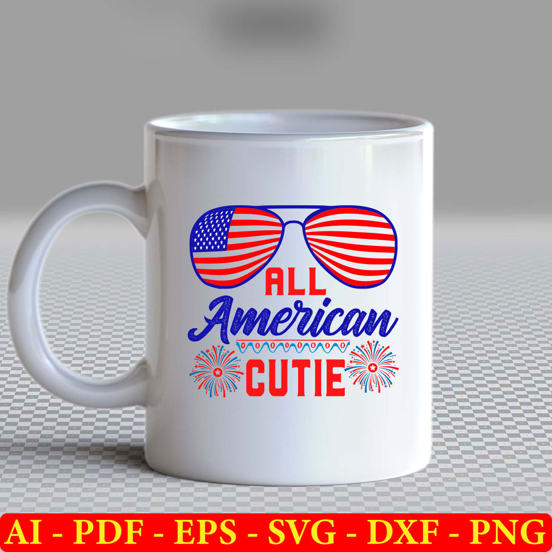 White coffee mug with the words all american cutie on it.