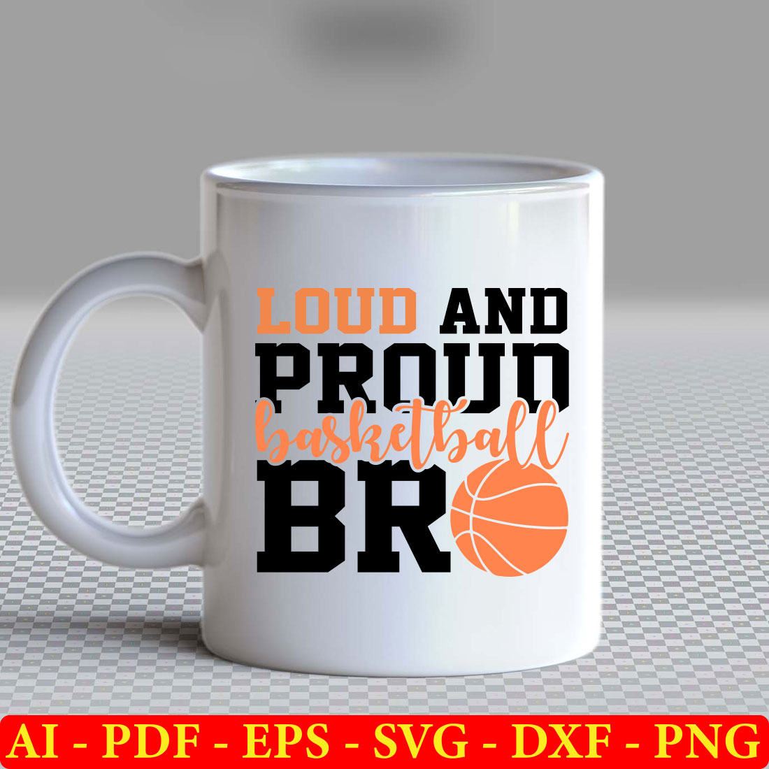 White coffee mug with an orange basketball on it.