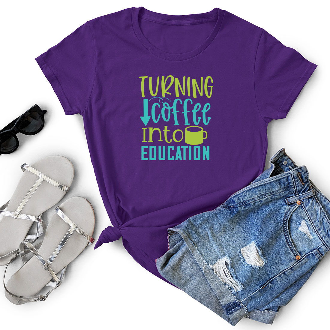 Purple shirt that says turning coffee into education.