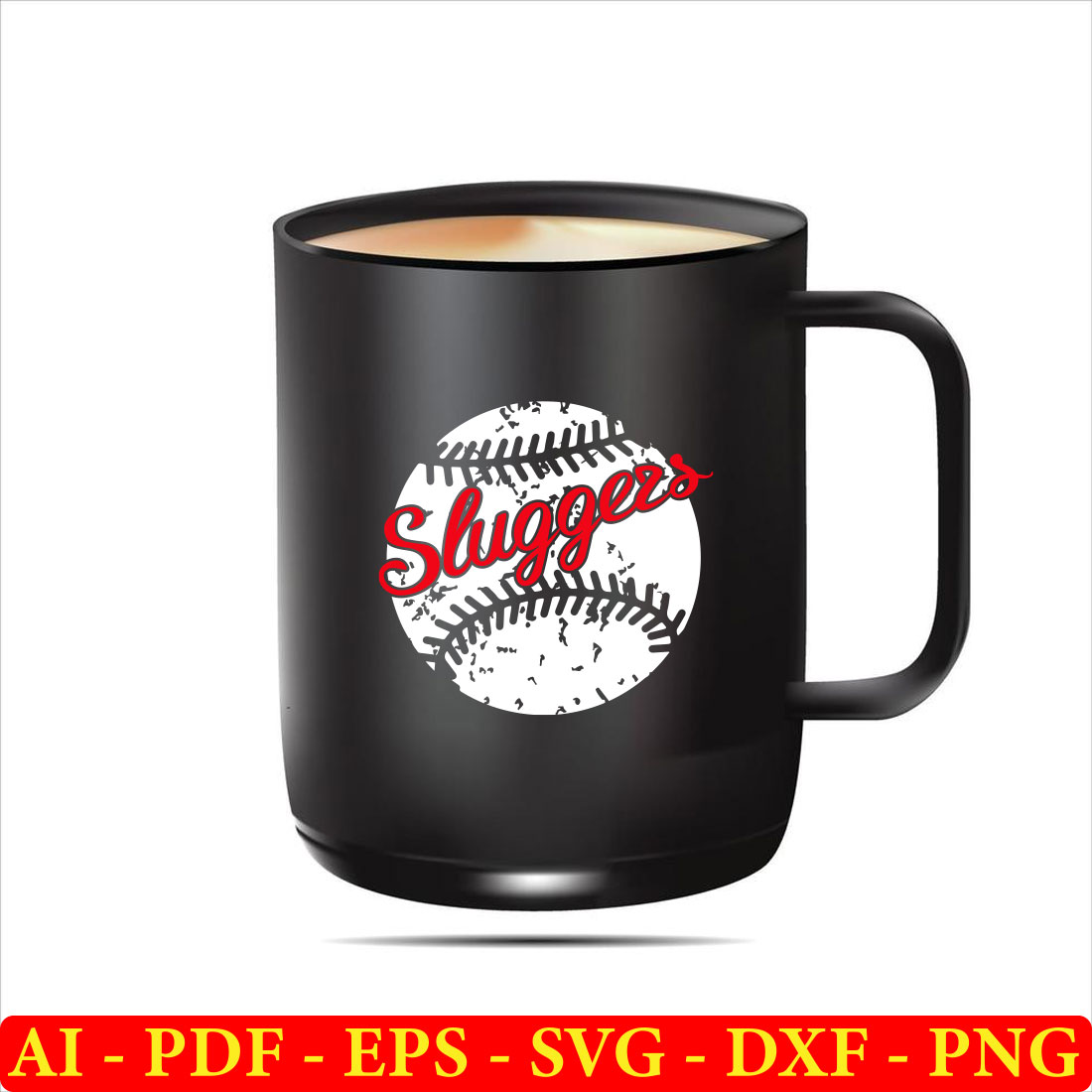Black coffee mug with a baseball on it.