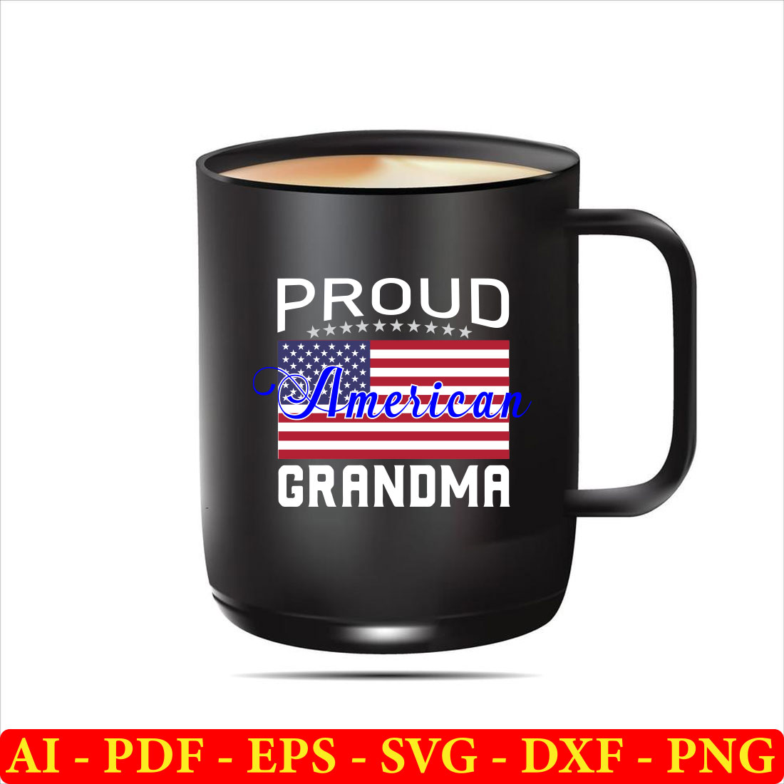 Black coffee mug with an american flag on it.