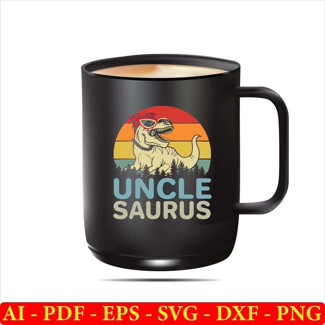 Black coffee mug with an image of a dinosaur on it.