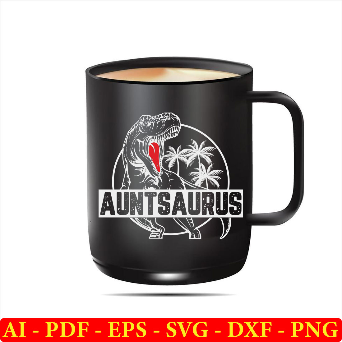 Black mug with an image of a dinosaur on it.
