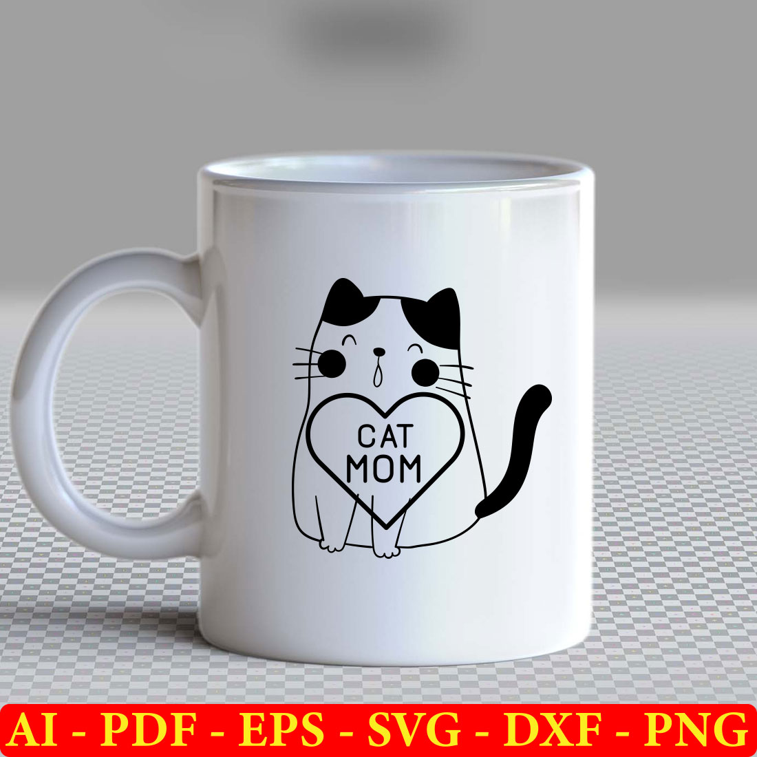 White coffee mug with a black cat holding a heart.