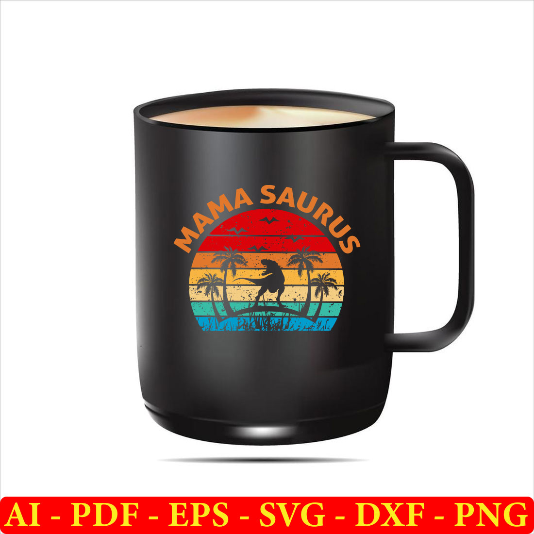 Black coffee mug with a sunset design on it.