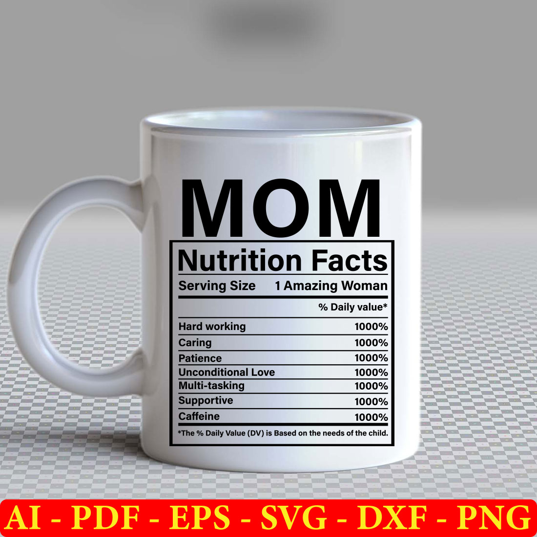 Coffee mug with a nutrition label on it.