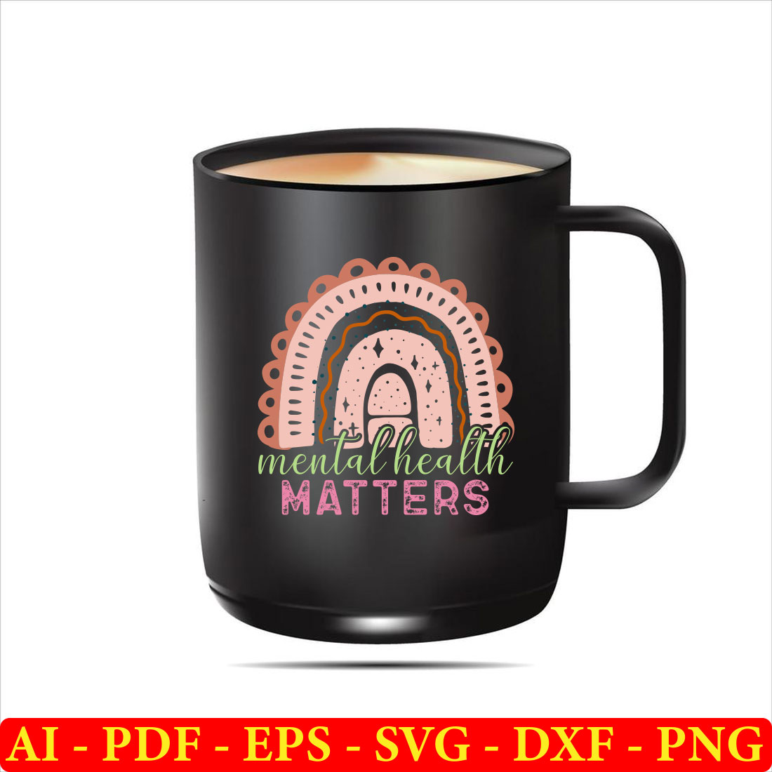 Black mug with the words mental health matters on it.