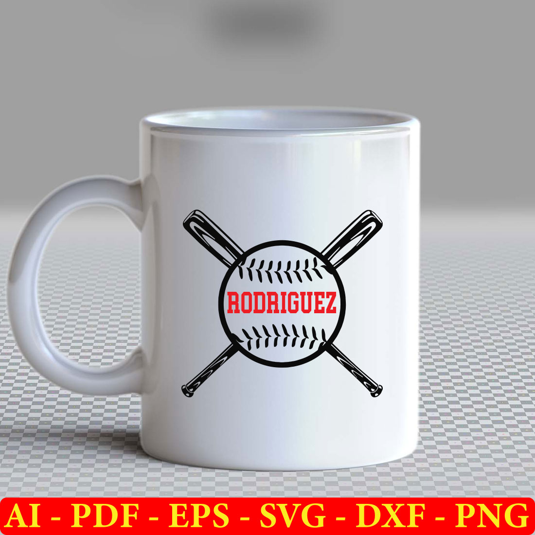White coffee mug with a baseball and bats on it.