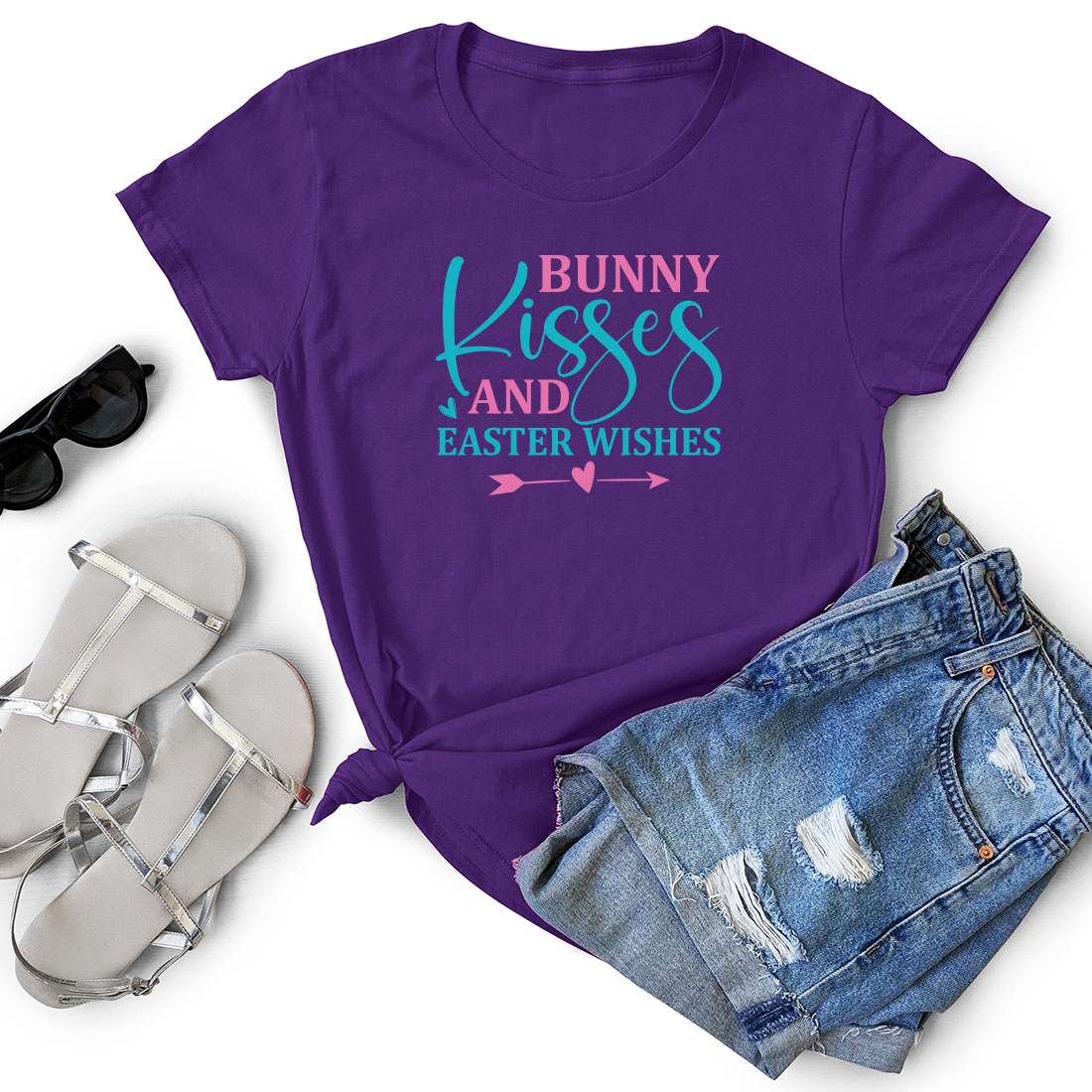 Purple shirt that says bunny kisses and easter wishes.