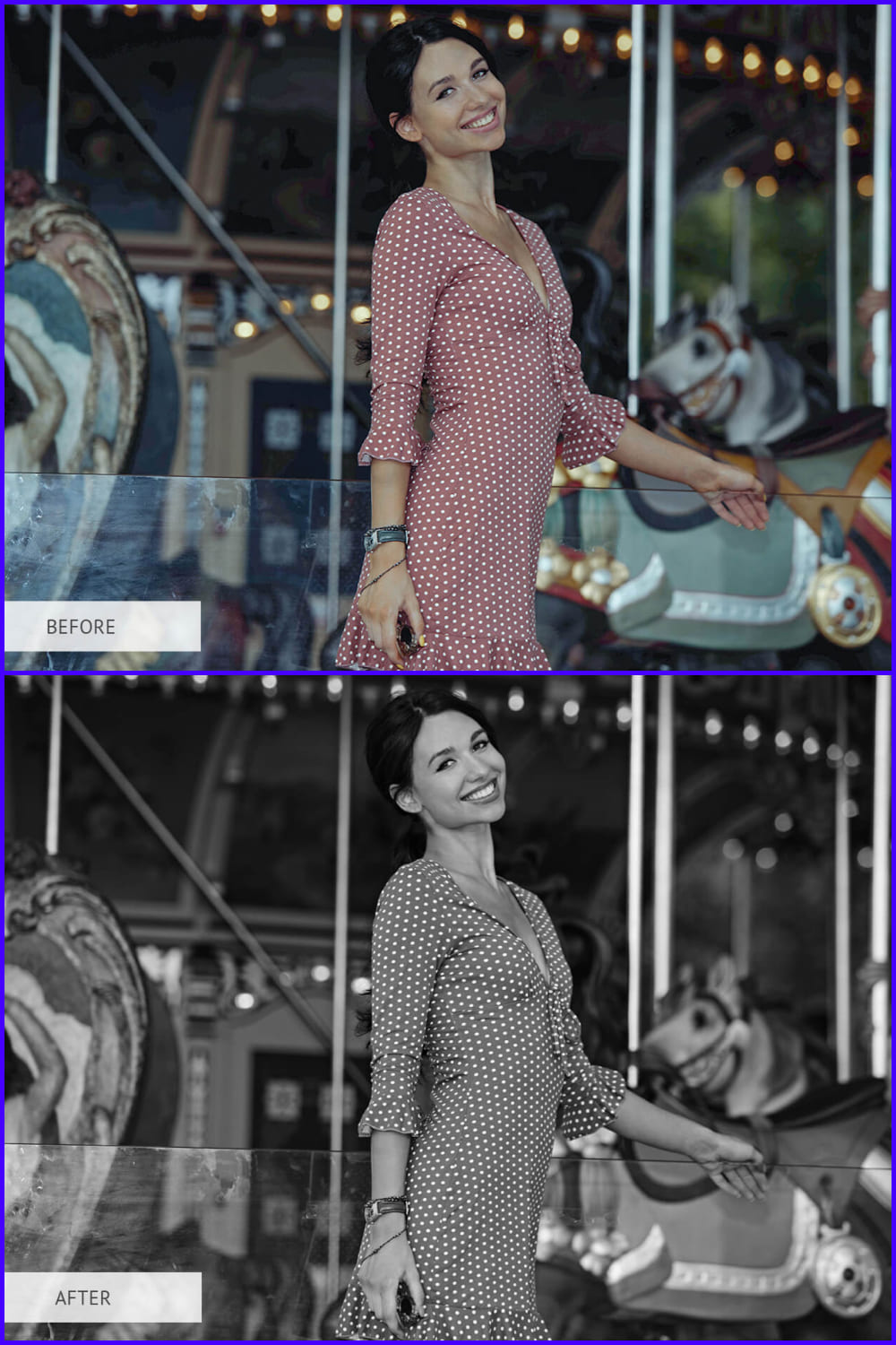 A collage of photos of a girl at the carousel in color and b/w.