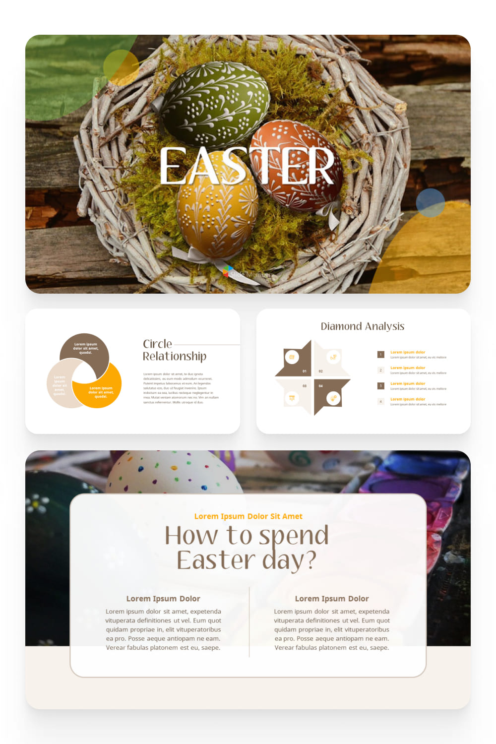 Collage of Easter presentation pages with infographics and a photo of a basket with eggs.