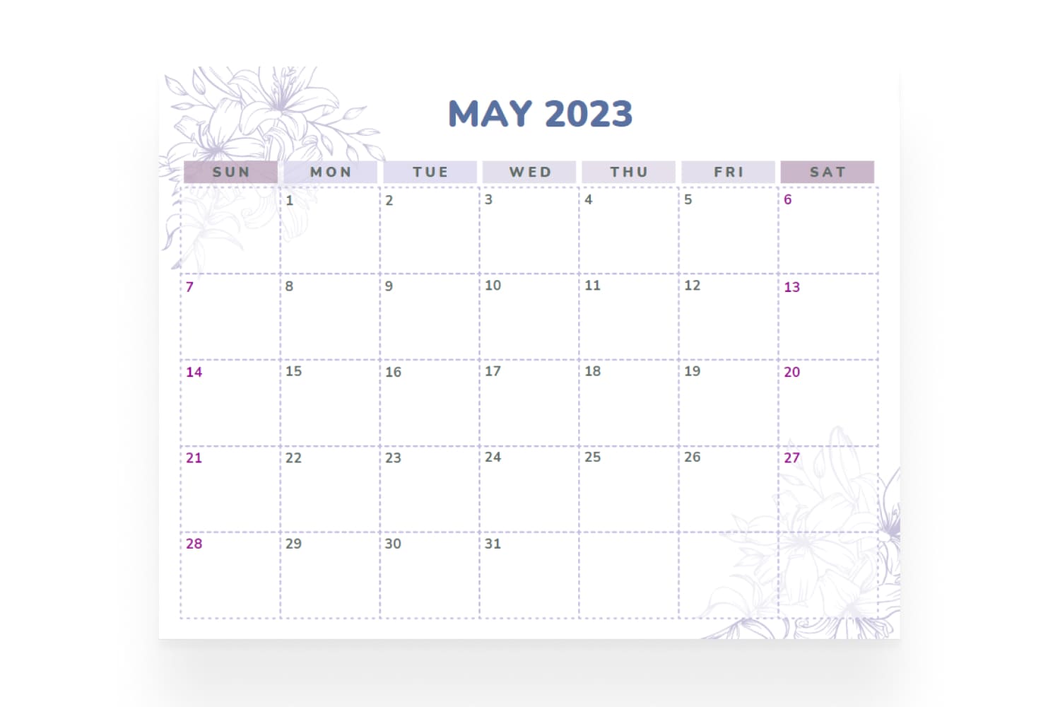 Simple and modern calendar with lilac, purple, and blue flowers as decorative elements.