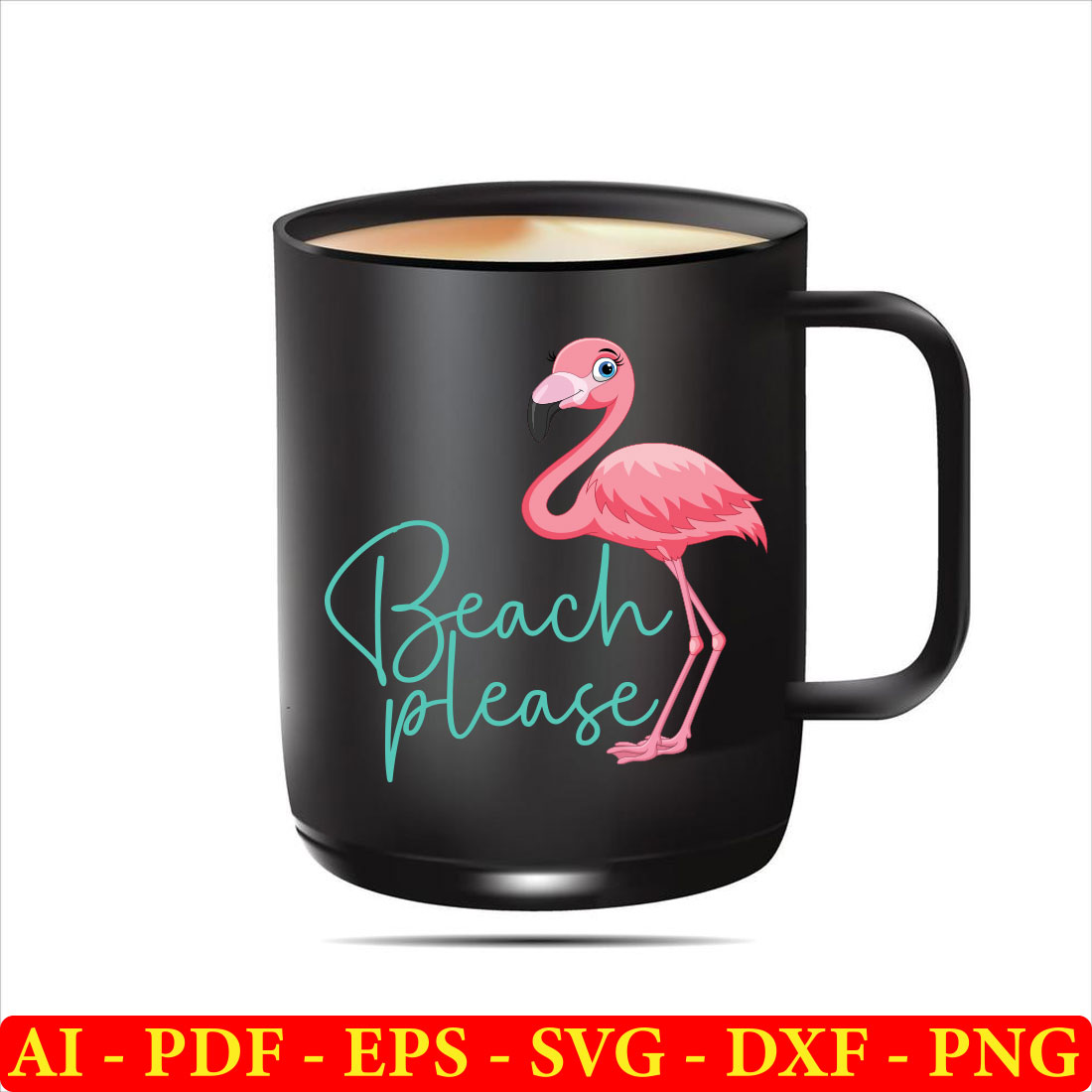 Black coffee mug with a pink flamingo on it.