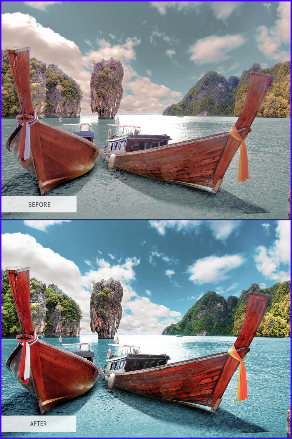 Collage of photos of two boats on the beach in Asia in different color shades.