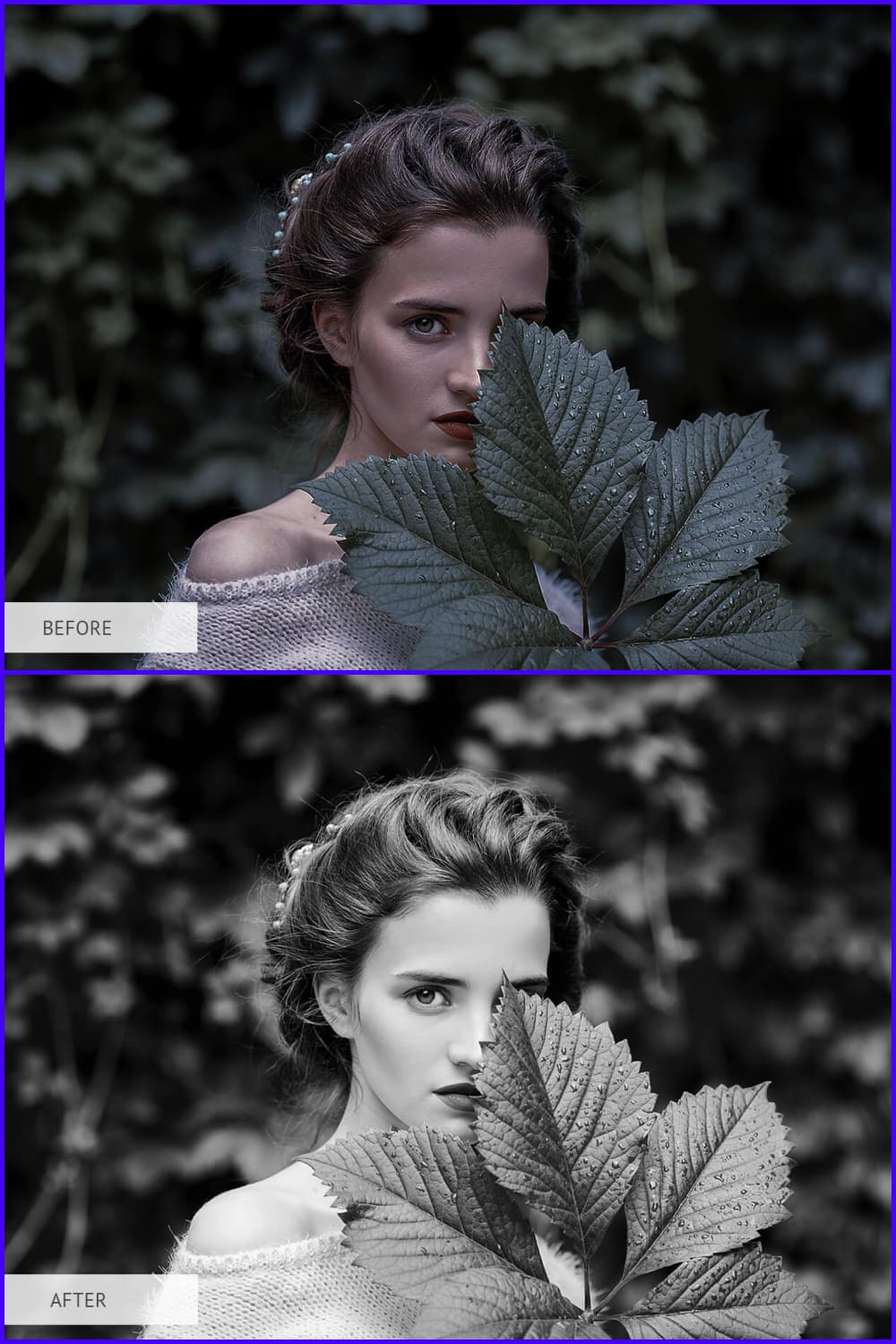 Collage of photos of a girl with a branch with leaves in color and b/w.
