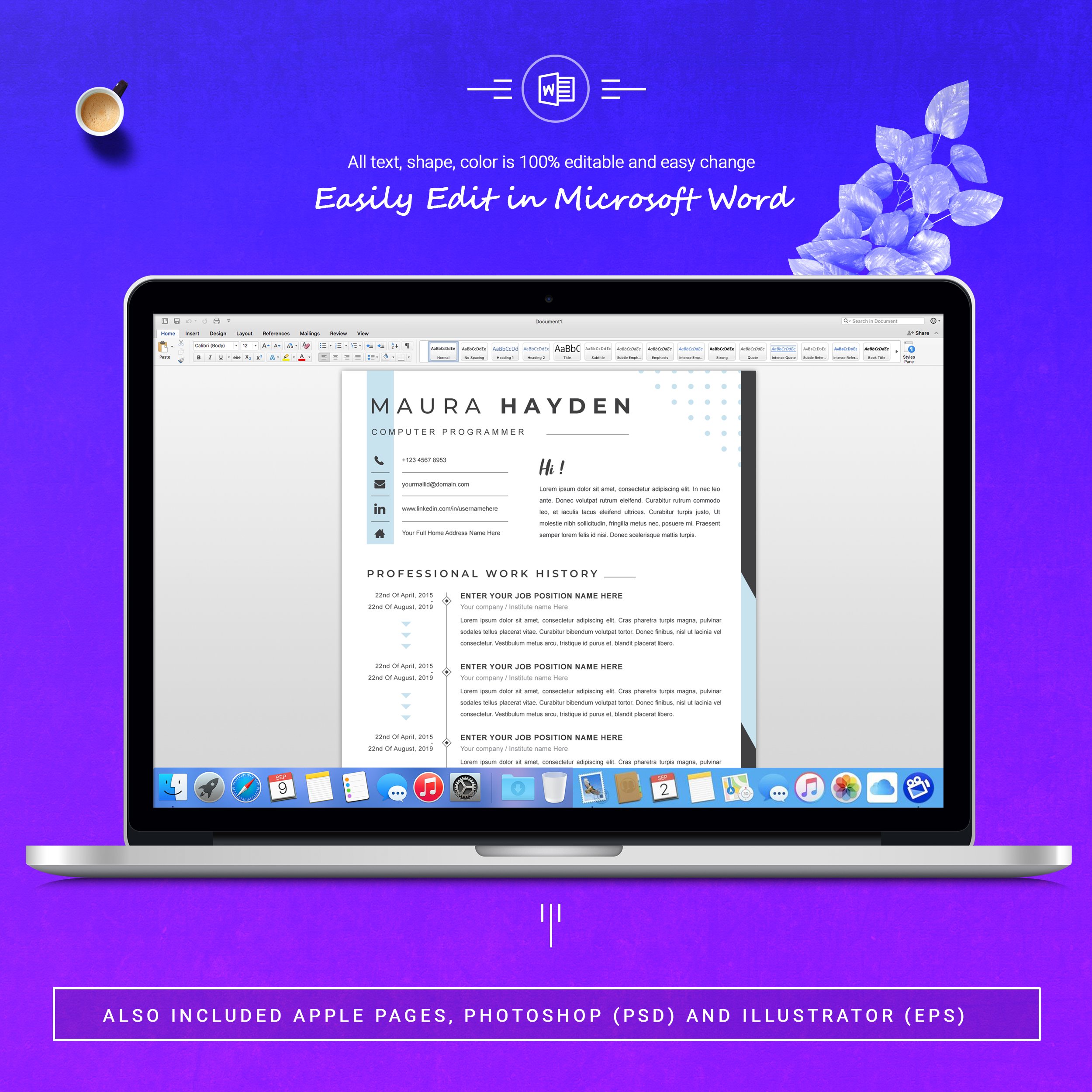 04 3 pages free resume ms word file format design template 453