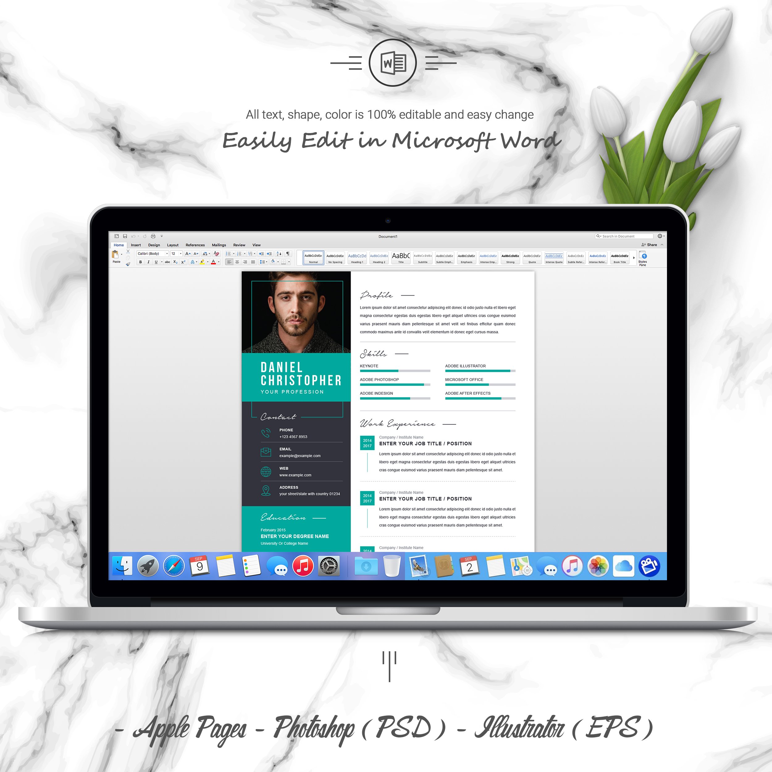 04 3 pages free resume ms word file format design template 543
