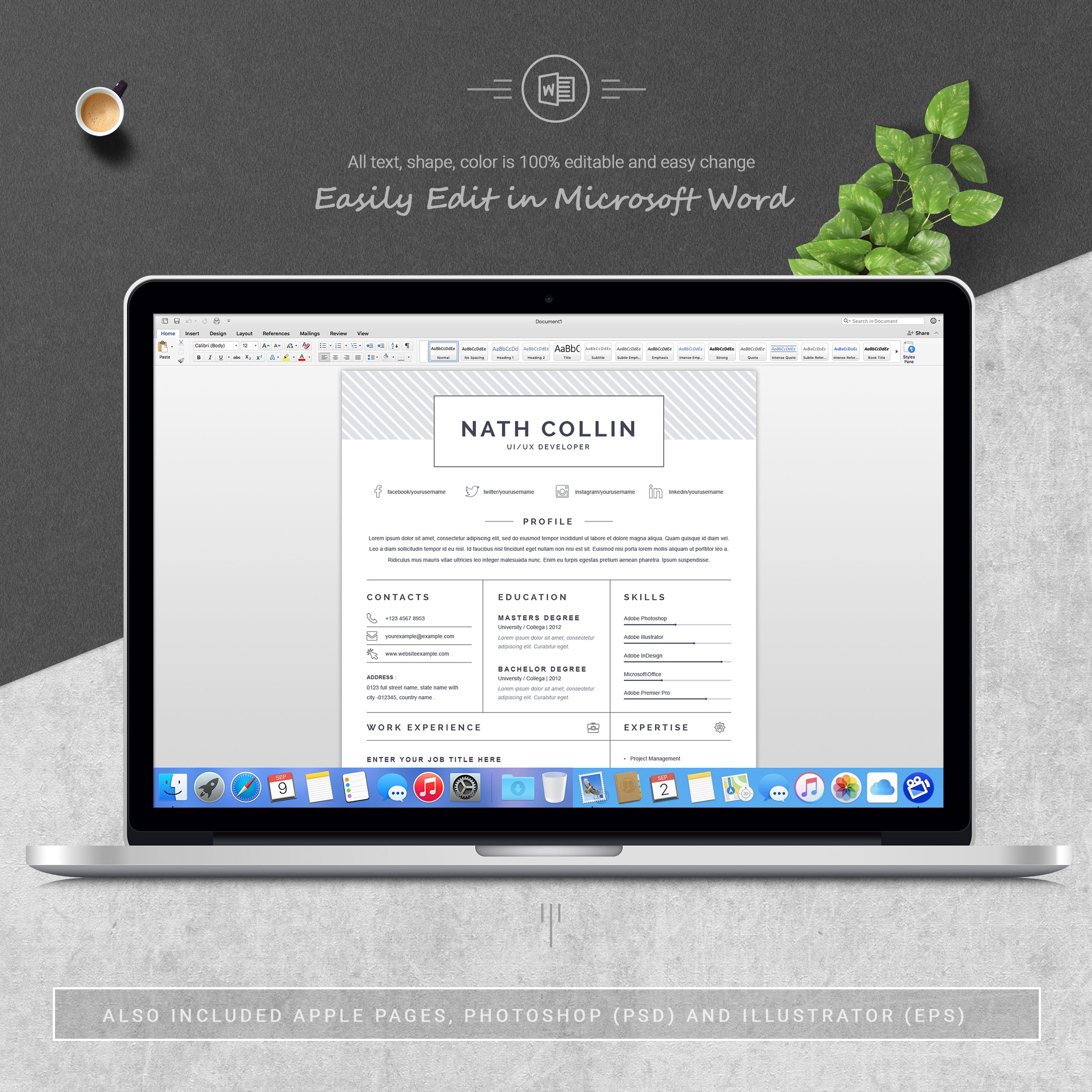 04 3 pages free resume ms word file format design template 771