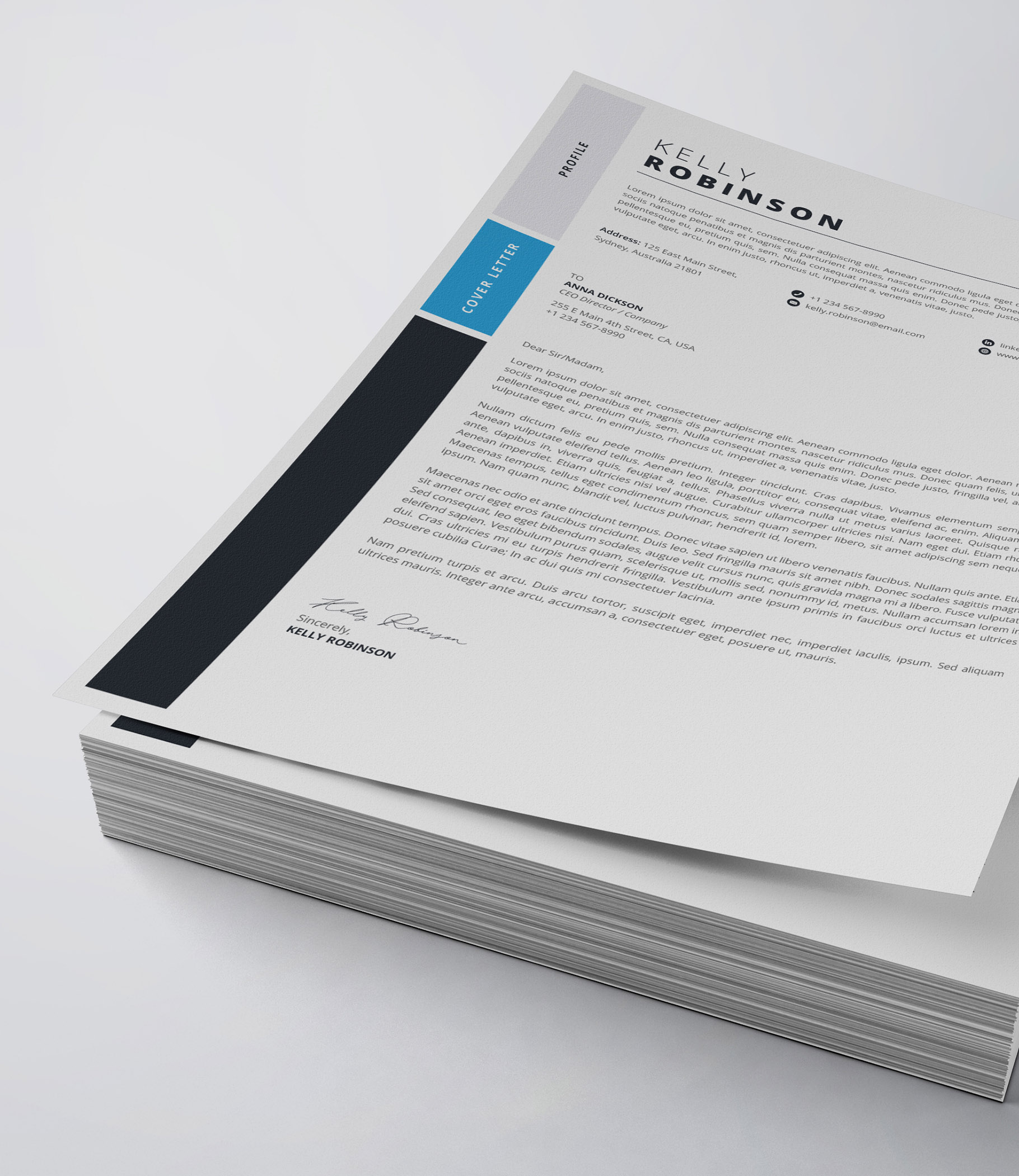 White and blue cover letter on top of a stack of papers.