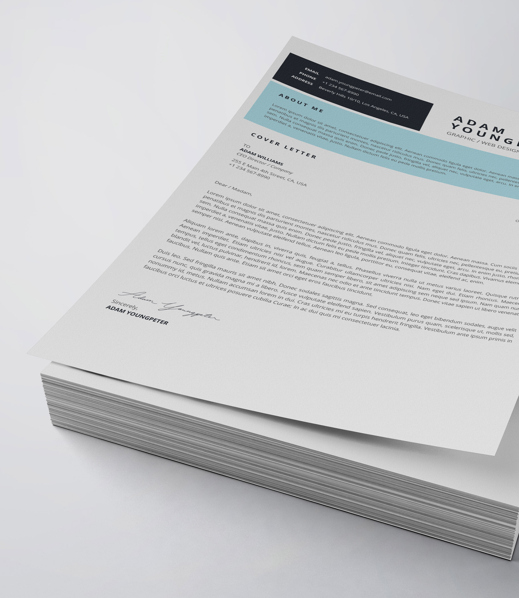 White and blue letterhead on top of a stack of papers.