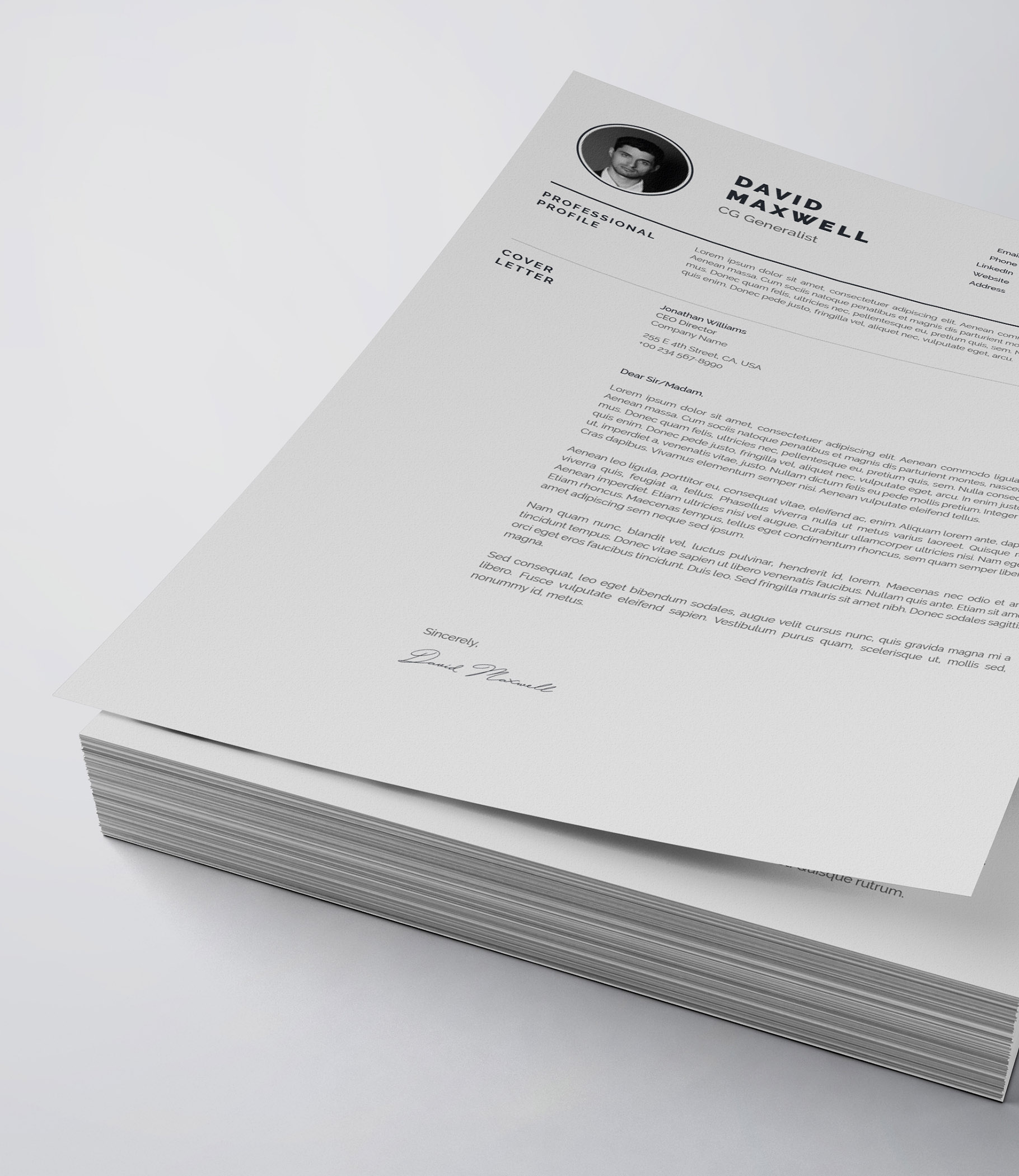 White cover letter sitting on top of a stack of papers.
