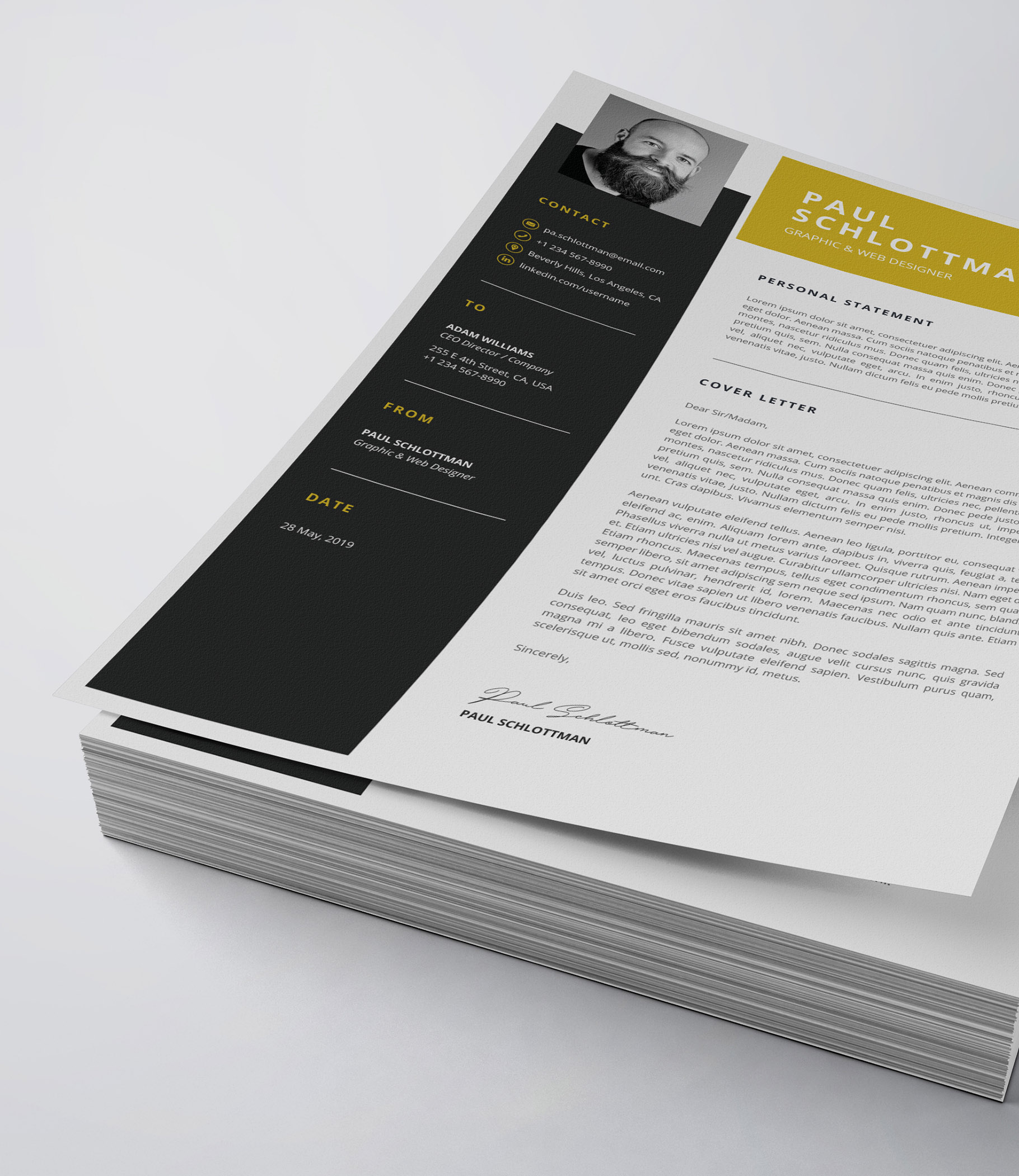 Black and yellow resume on top of a stack of papers.