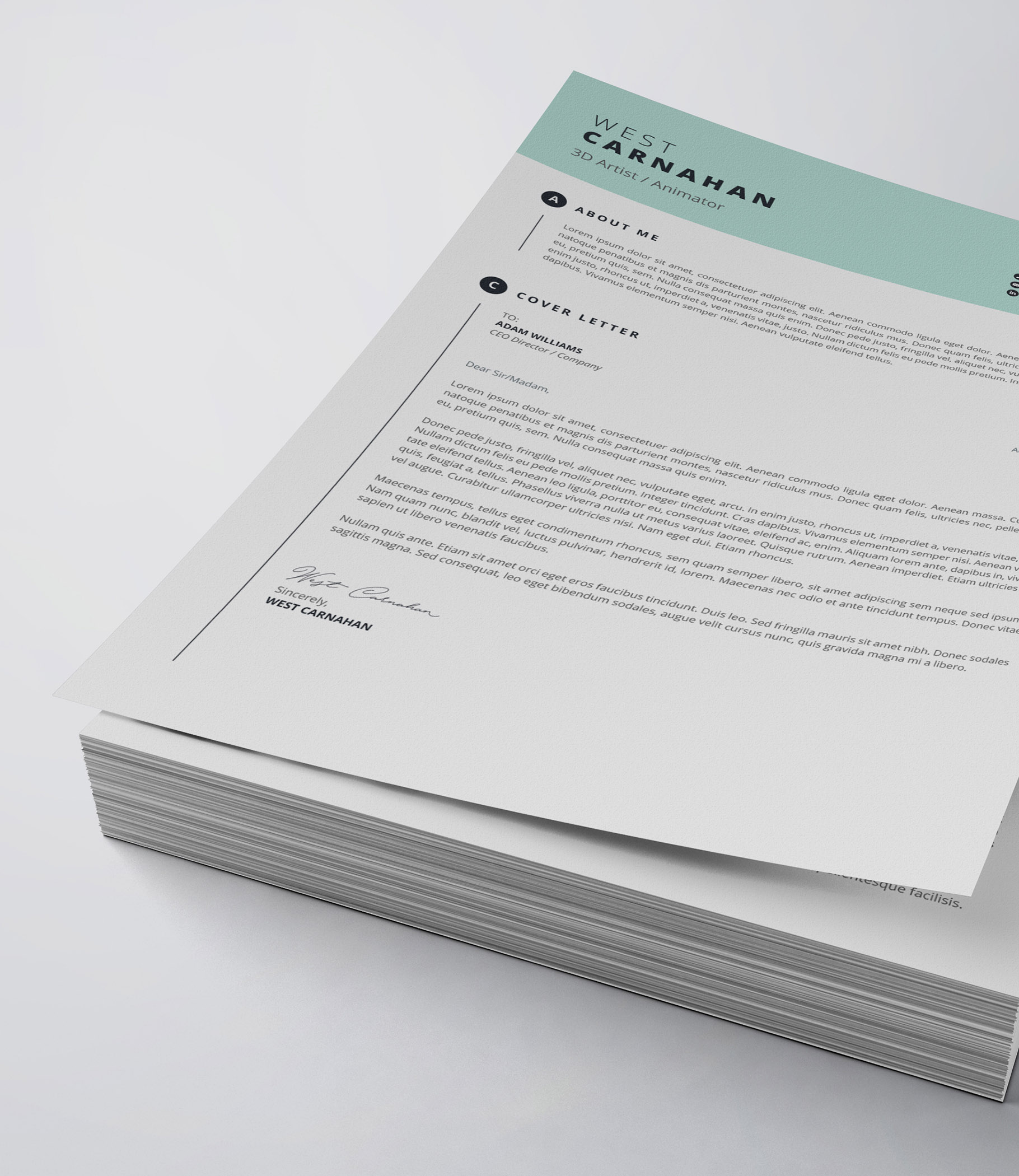 Clean and professional resume template on top of a stack of papers.