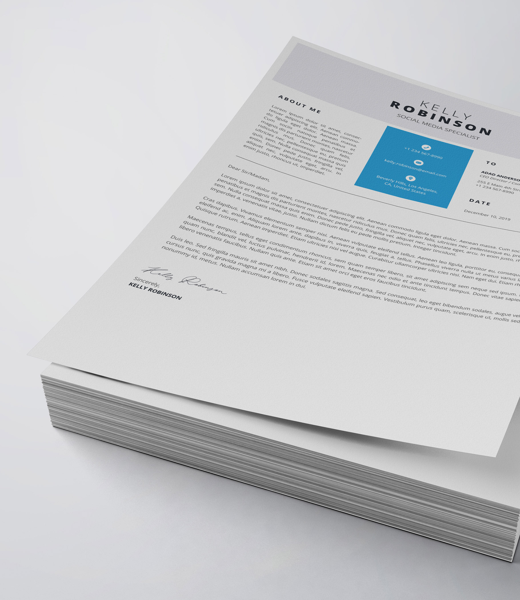 Stack of white paper with a blue logo on it.