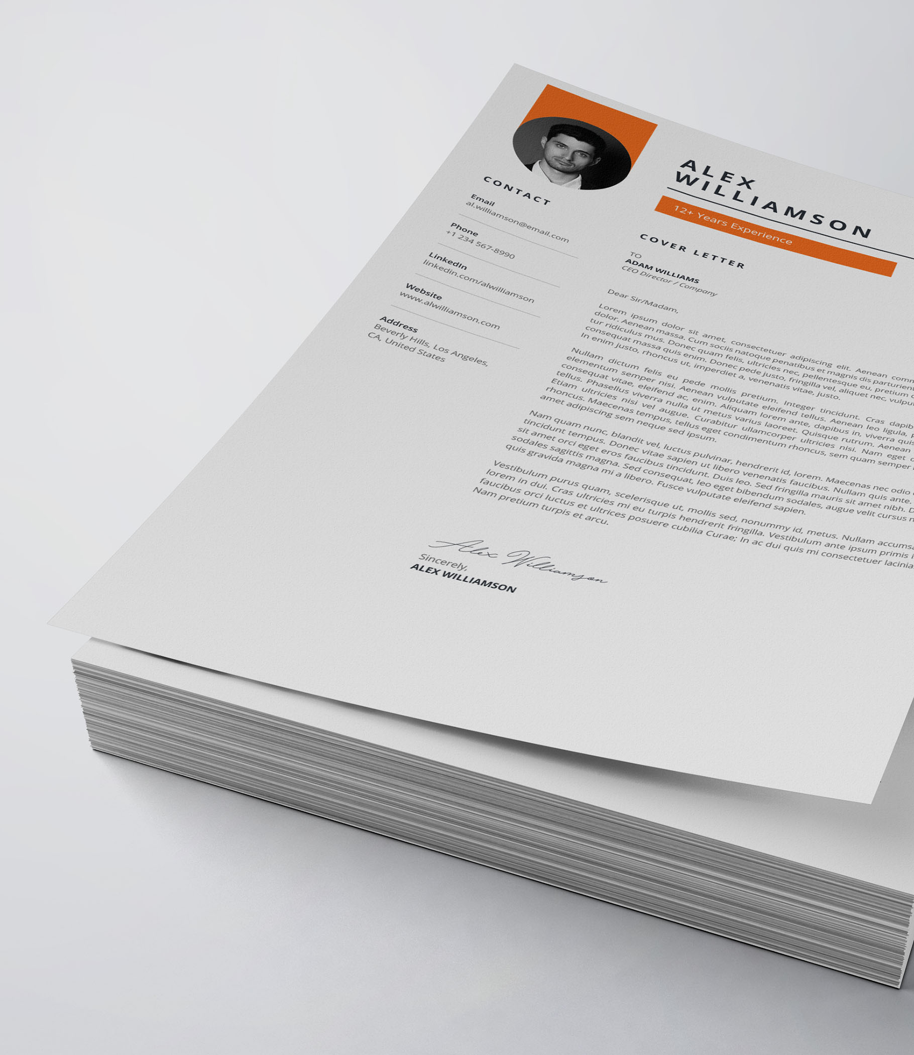 White and orange resume on top of a stack of papers.