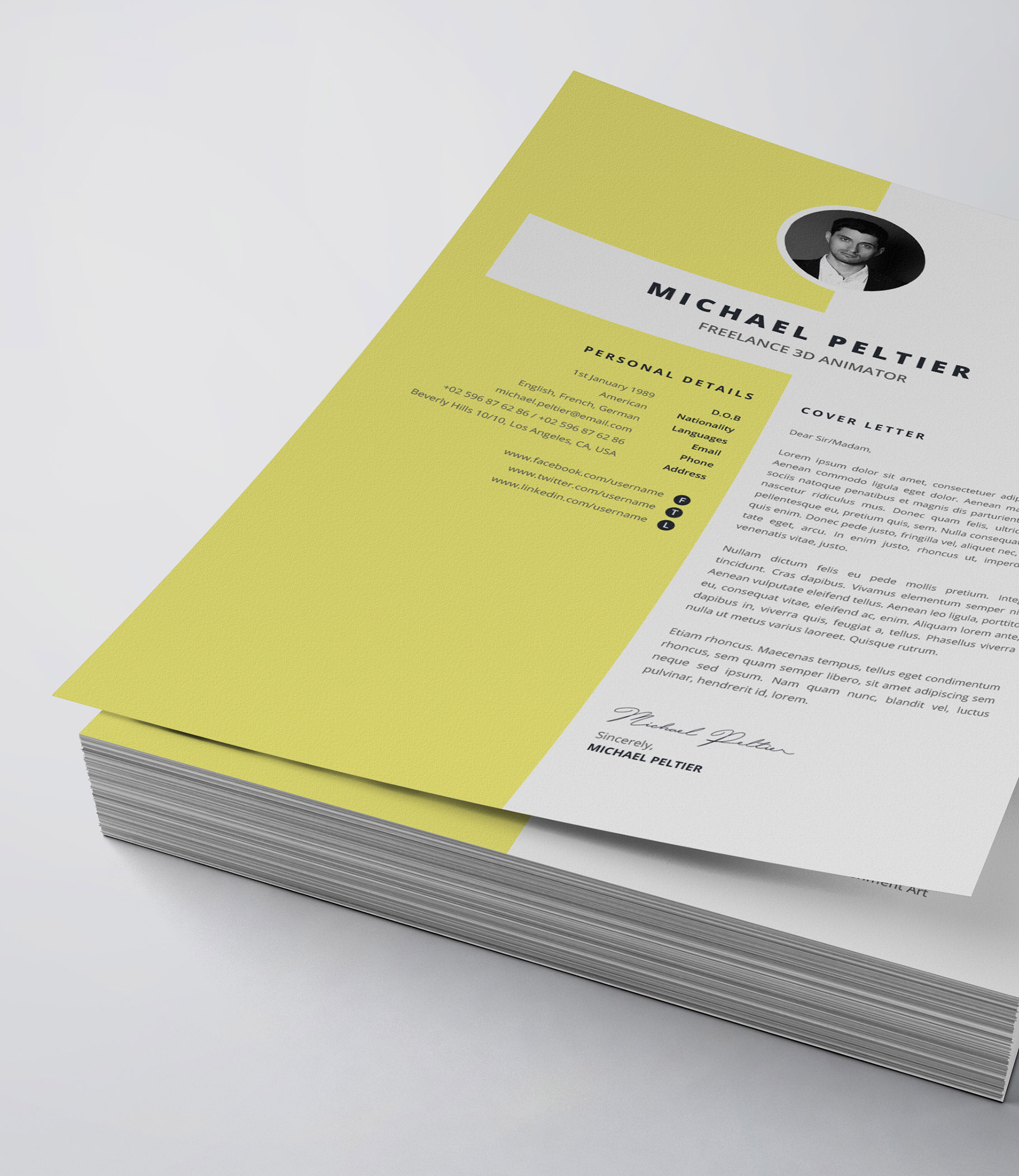 Yellow and white resume on top of a stack of papers.